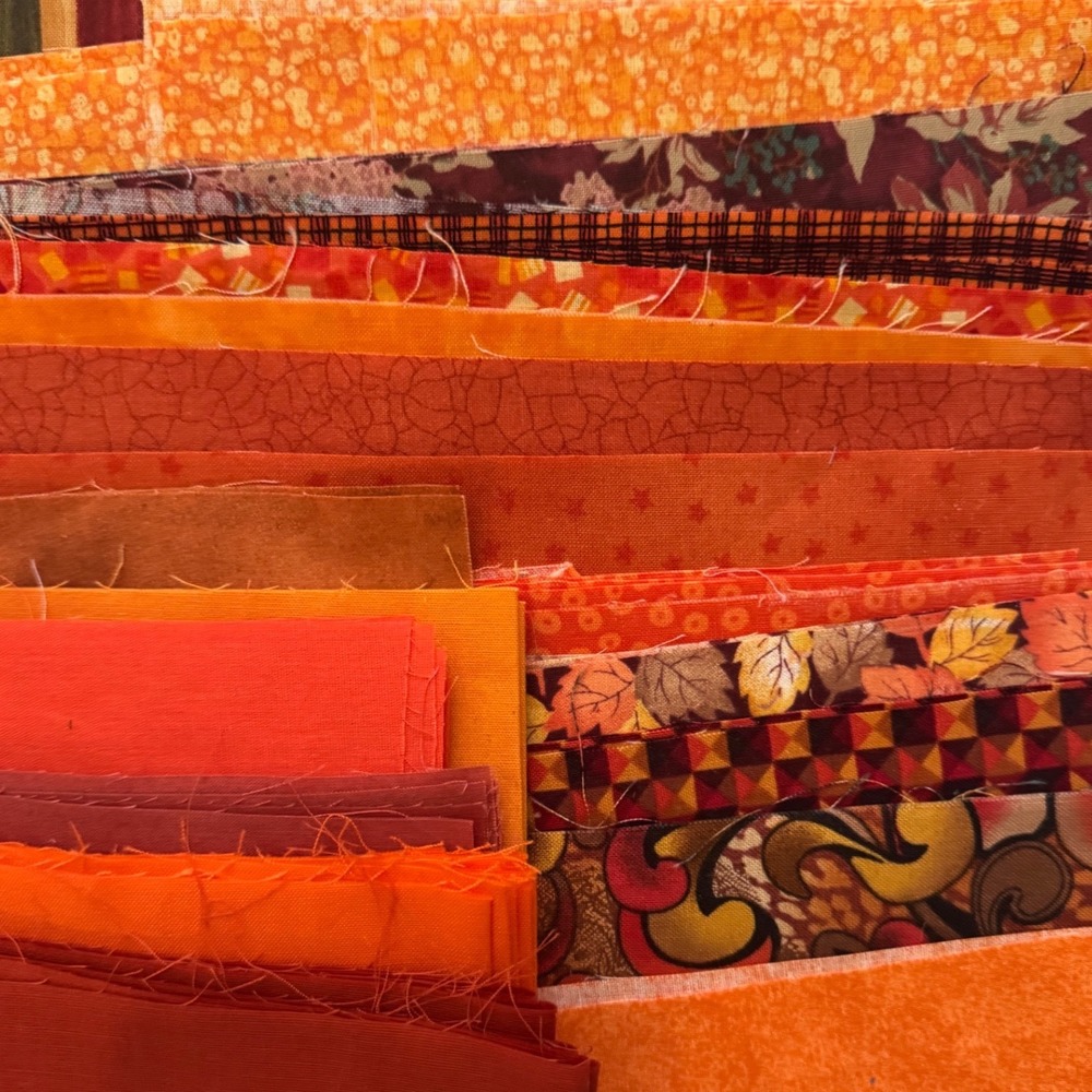 75 Orange Cotton Quilt Strips 2.5 Inch Fabric Scraps Autumn Floral Solid Pattern